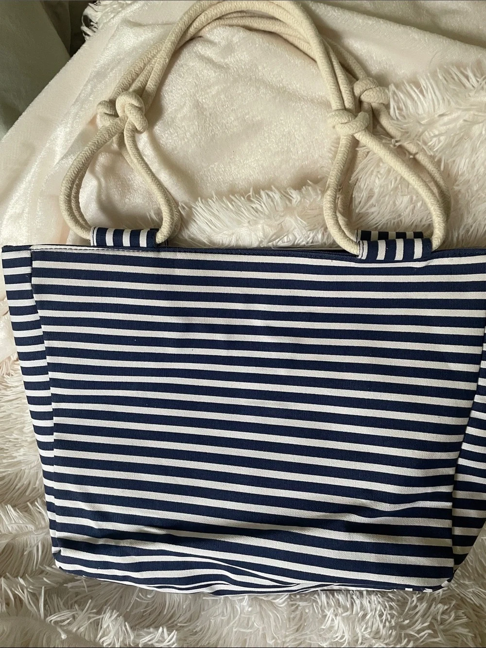 Striped Navy and White Rope-Handle Tote Bag NWOT